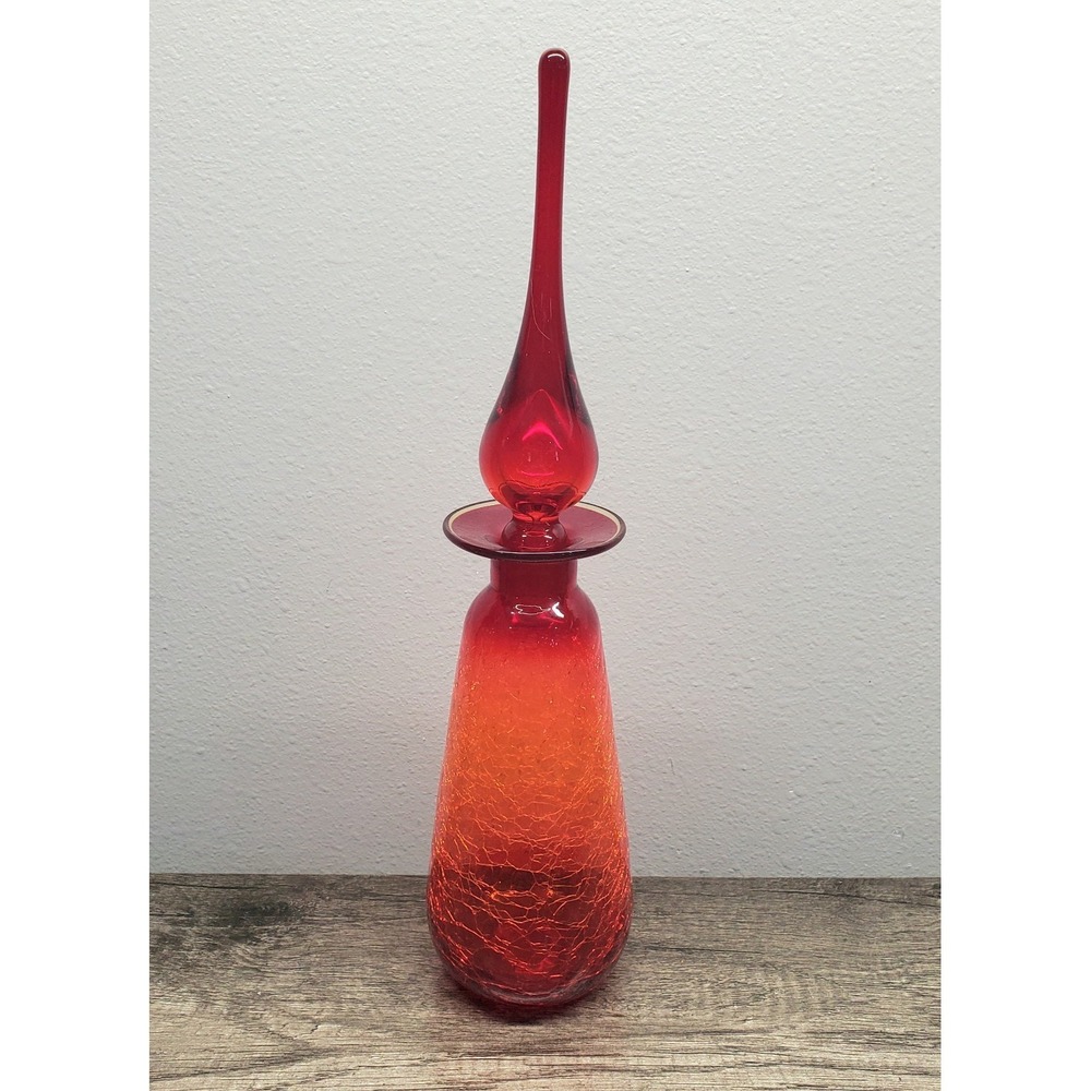 Rainbow Glass Red & Orange Crackle‎ Glass Decanter 13.5" Tall Teardrop Stopper